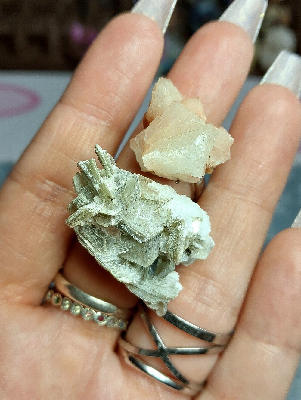 ⚒️ Duel Pink Stilbite & Raw Mica Cluster Copper Specimen Ring